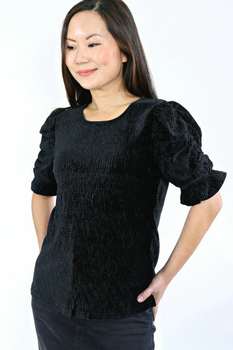 Tops & Sweaters * | Thml Clothing Tops & Sweaters Petite Ruched Sleeve Velvet Top(Black)