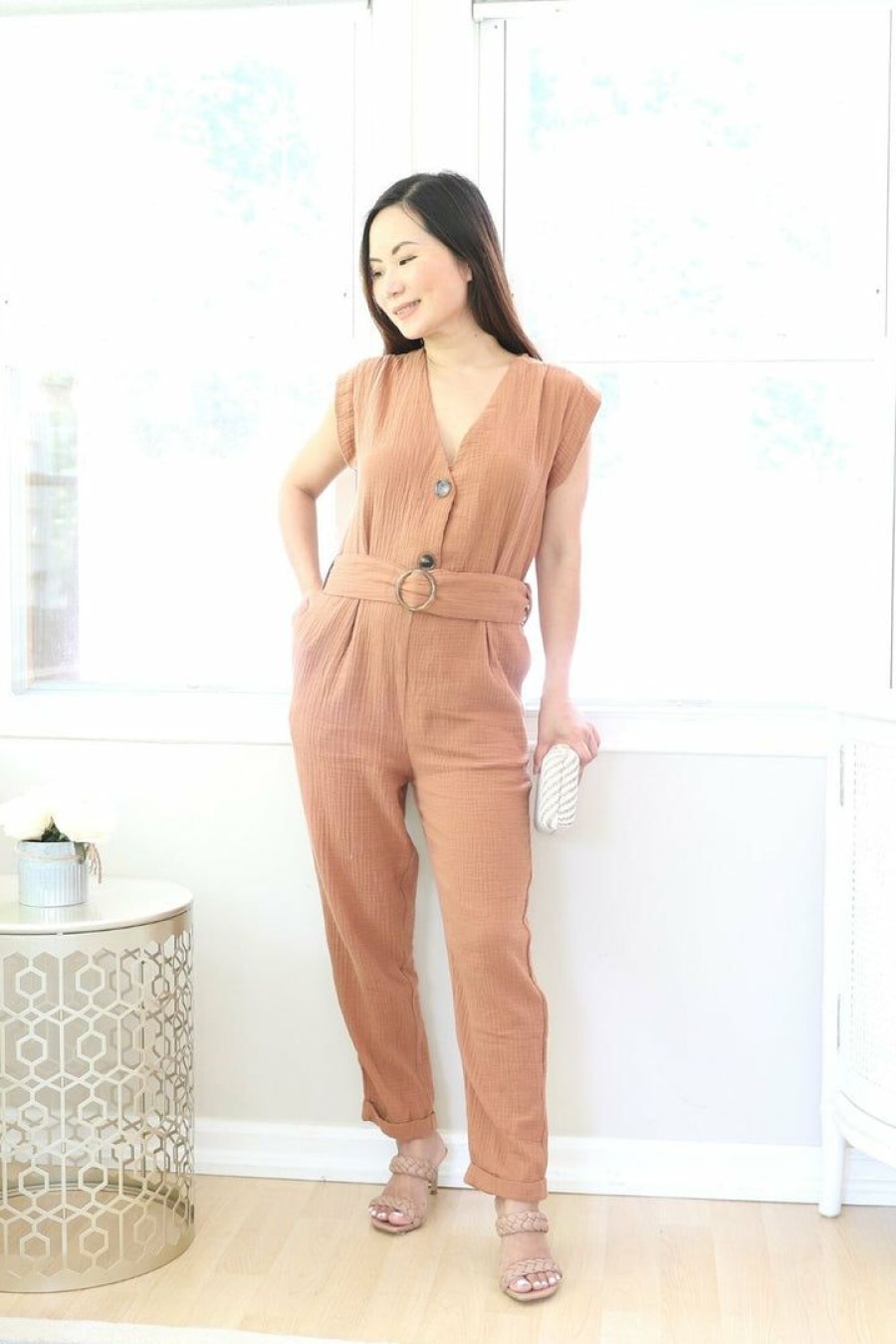 Jumpsuits & Rompers * | Lush Petite Cotton Sleeveless Belted Jumpsuit (Amber) New Arrivals