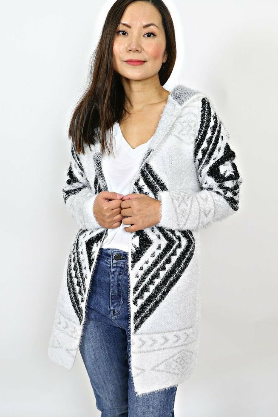 Tops & Sweaters * | On Blue Tops & Sweaters Petite Aztec Pattern Cardigan (Ivory/Black)