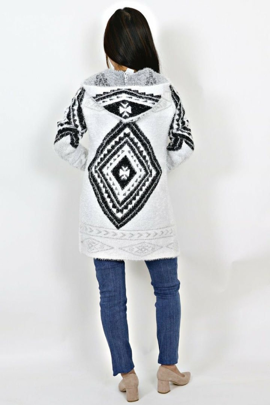 Tops & Sweaters * | On Blue Tops & Sweaters Petite Aztec Pattern Cardigan (Ivory/Black)