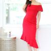 Dresses * | Collective Rack Petite Off The Shoulder Red Midi Dress Flounced Hem