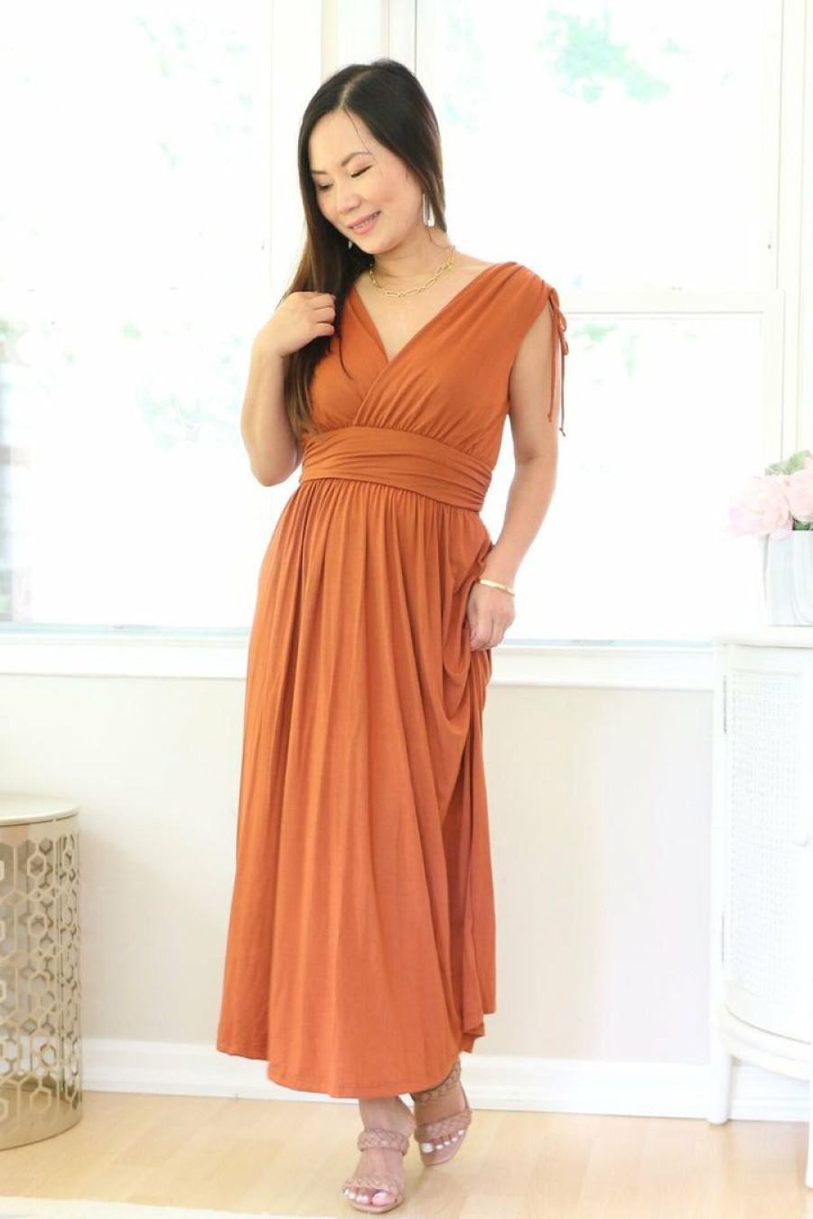 Dresses * | Final Touch Petite Rayon Modal Midi Dress (Cognac) New Arrivals