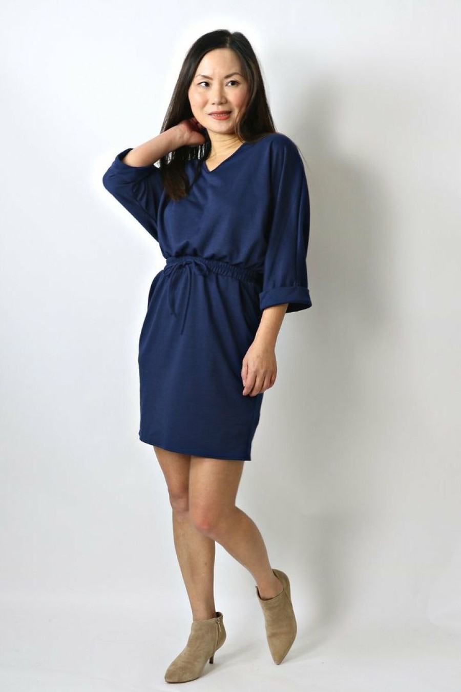 Dresses * | Fashion District Made In Usa Tie Waist Casual Dress (Navy)