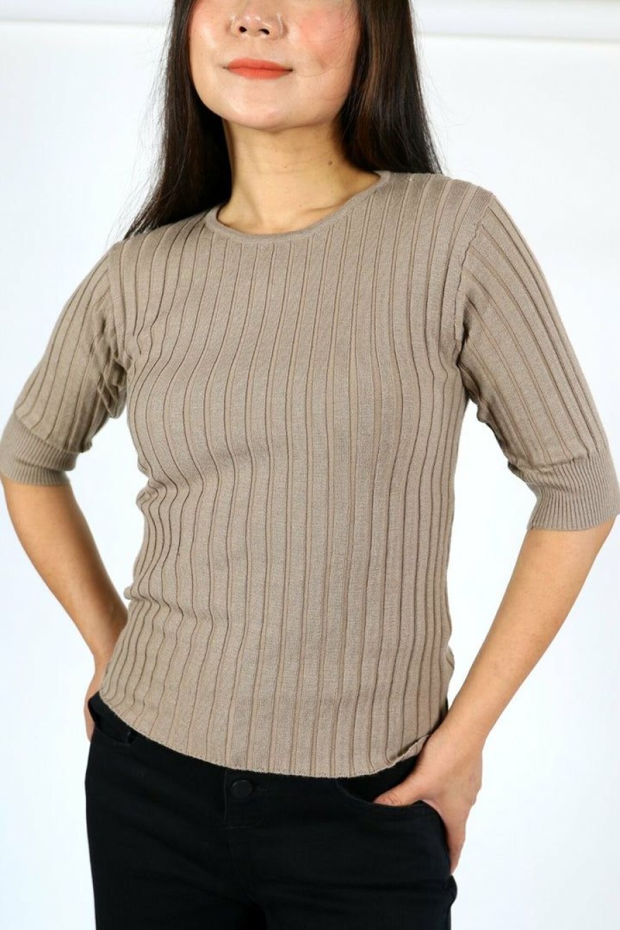 Tops & Sweaters * | Grade & Gather Petite Wool Blend Rib Knit Sweater (Chai) Tops & Sweaters