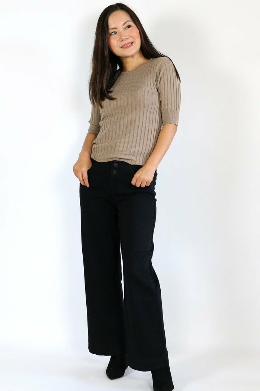 Tops & Sweaters * | Grade & Gather Petite Wool Blend Rib Knit Sweater (Chai) Tops & Sweaters