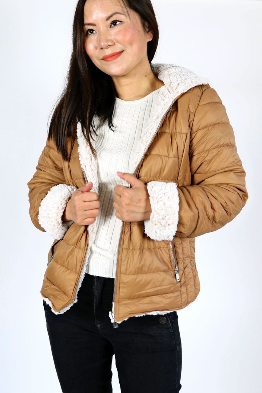 Outerwear * | Love Tree Petite Reversible Hooded Jacket (Camel)