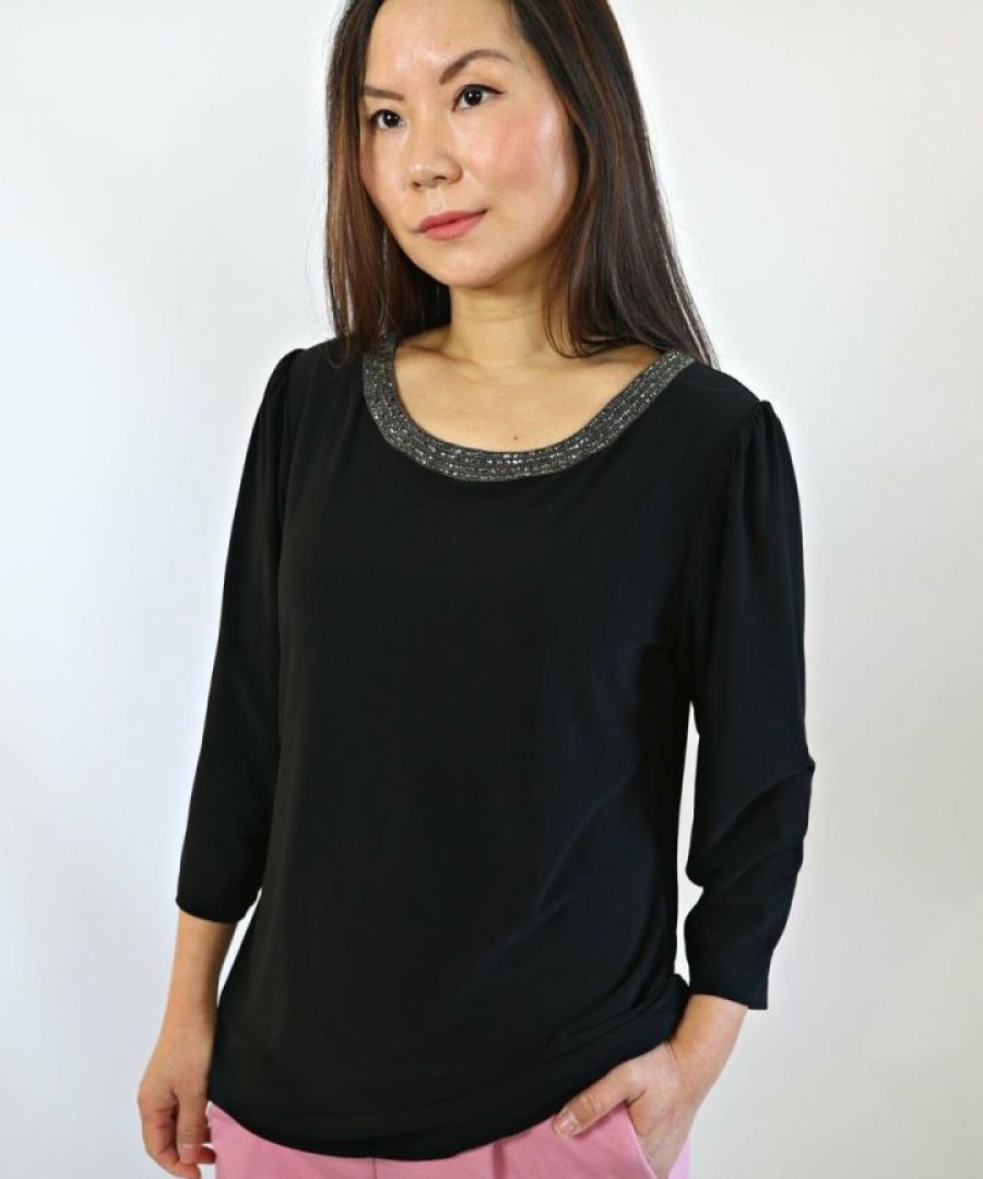 Tops & Sweaters * | Perseption Tops & Sweaters Petite Rhinestone Embellishment Puff Sleeve Blouse