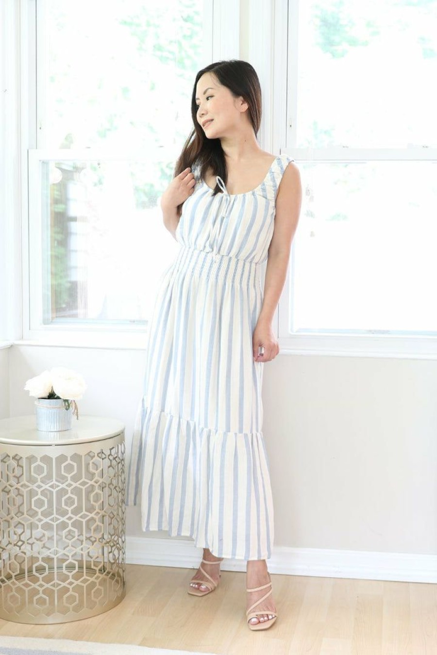 Dresses * | Lush Petite Blue Striped Cotton Blend Maxi Dress