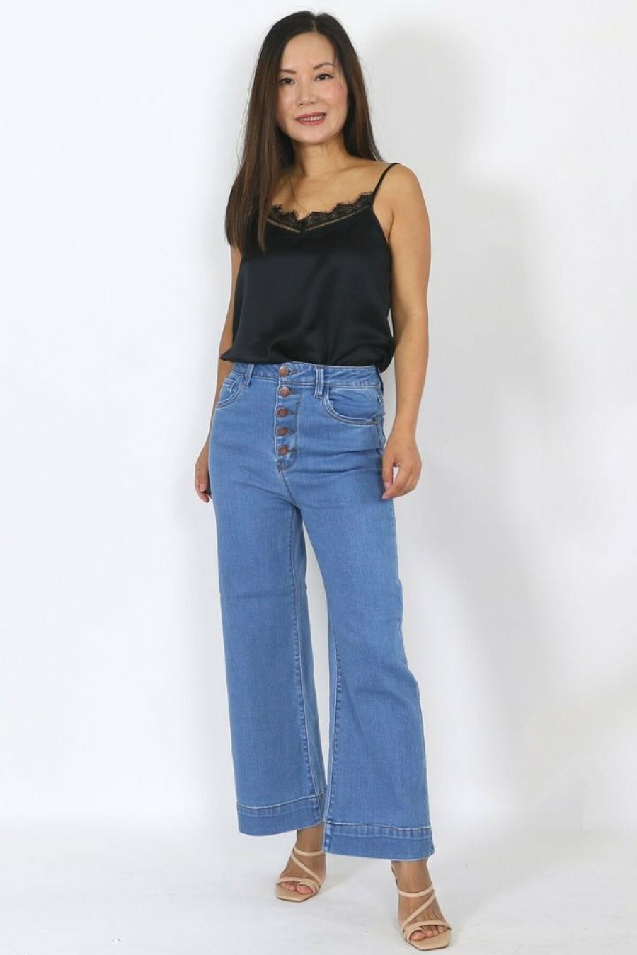 Jeans & Pants * | Risen Jeans Petite High Waisted Button Fly Wide Leg Jeans Jeans & Pants