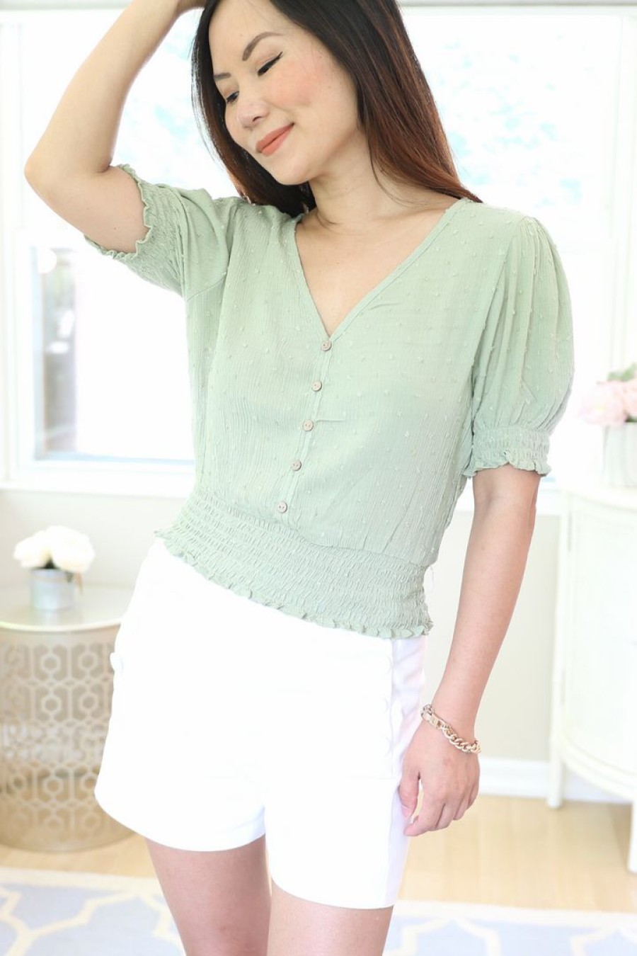 Tops & Sweaters * | 2Ne1 Apparel Petite Short Sleeves Ruched Top (Light Sage) New Arrivals