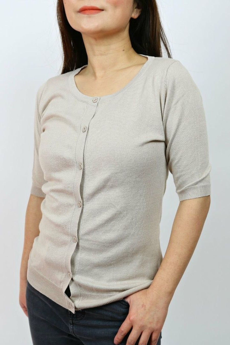 Tops & Sweaters * | Mak Petite Short Sleeve Button Down Cardigan (Taupe) Tops & Sweaters