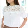 Tops & Sweaters * | Blu Pepper Petite Short Sleeve Lace Detail Statement White Top