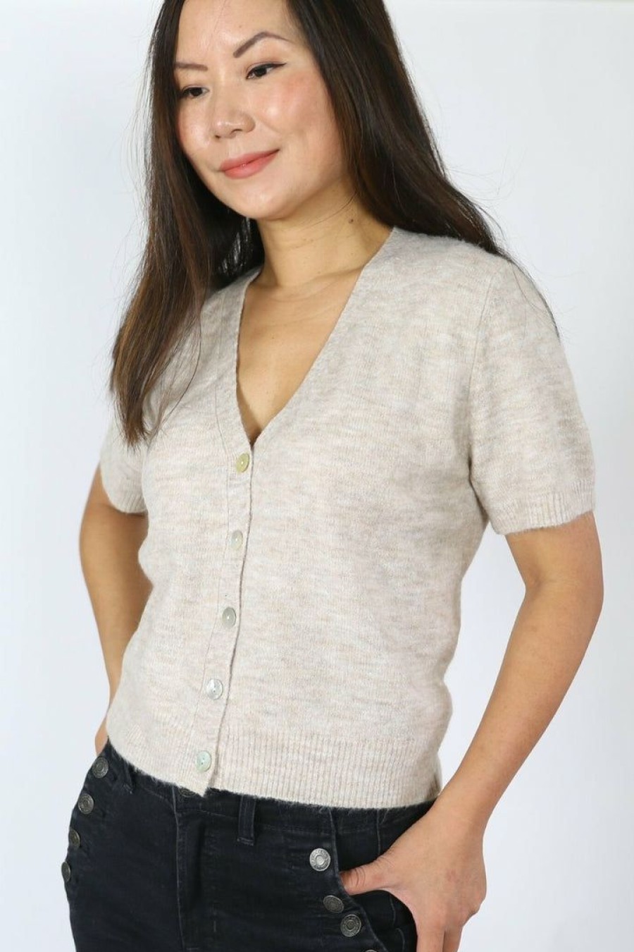 Tops & Sweaters * | Sunglight Petite Short Sleeve Sweater Cardigan (Oatmeal) Tops & Sweaters