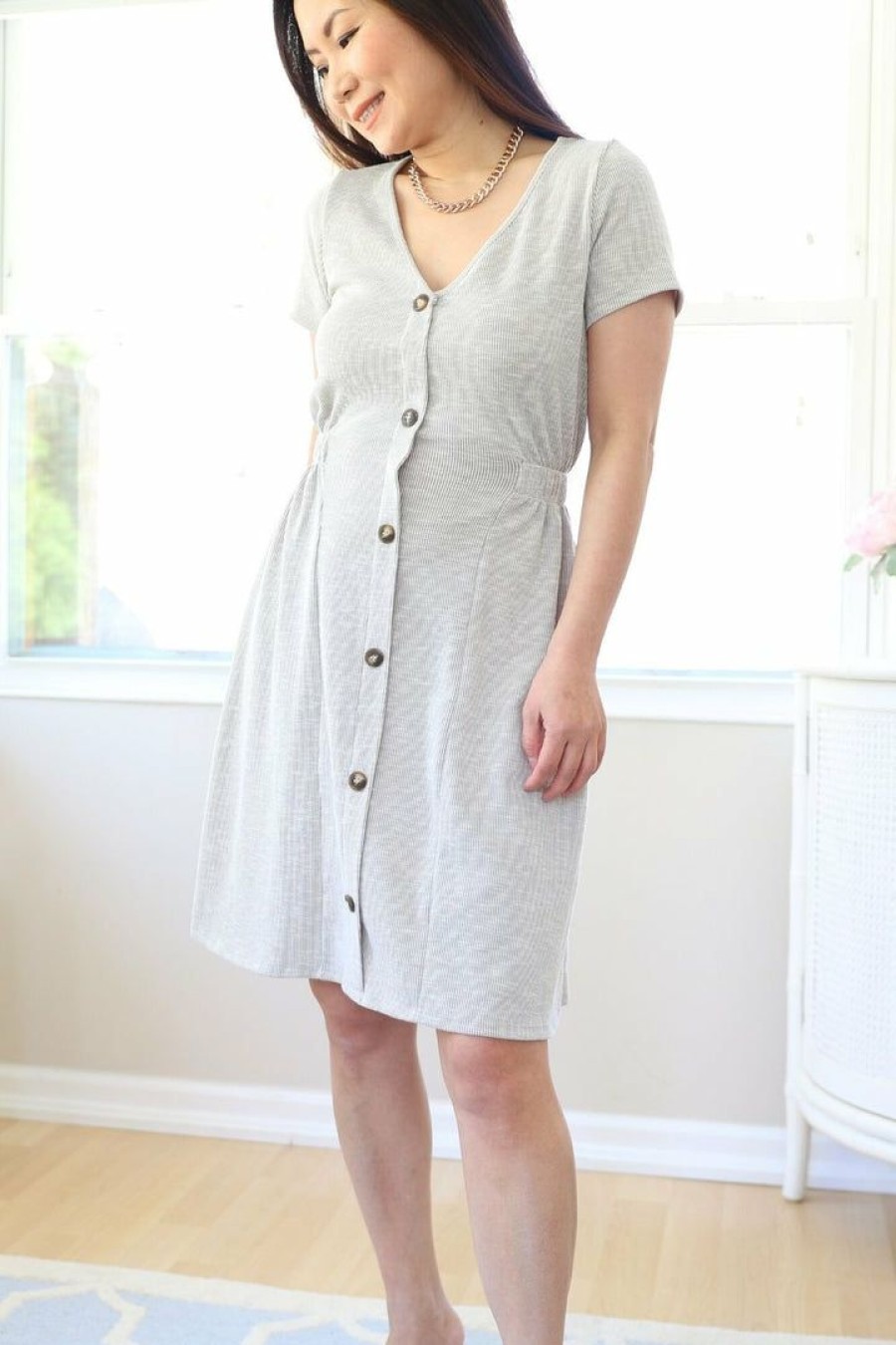 Dresses * | Gilli Petite Button Down Elastic Waist Knee Length Dress New Arrivals