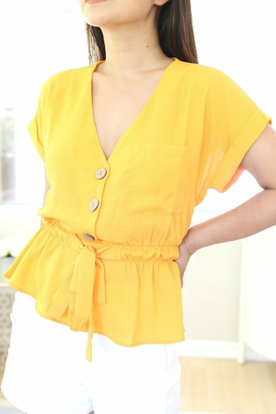 Tops & Sweaters * | Sweet Rain Petite Short Sleeve Button Down Blouse (Mango)