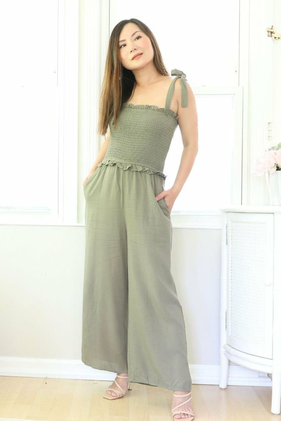 Jumpsuits & Rompers * | Ee:Some Jumpsuits & Rompers Petite Smocked Wide Leg Casual Jumpsuit (Olive)