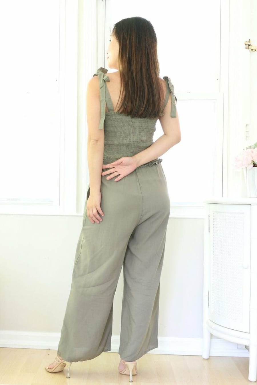 Jumpsuits & Rompers * | Ee:Some Jumpsuits & Rompers Petite Smocked Wide Leg Casual Jumpsuit (Olive)