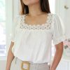 Tops & Sweaters * | Blu Pepper Petite Scalloped Square Neck Short Sleeve Top (Ivory) New Arrivals