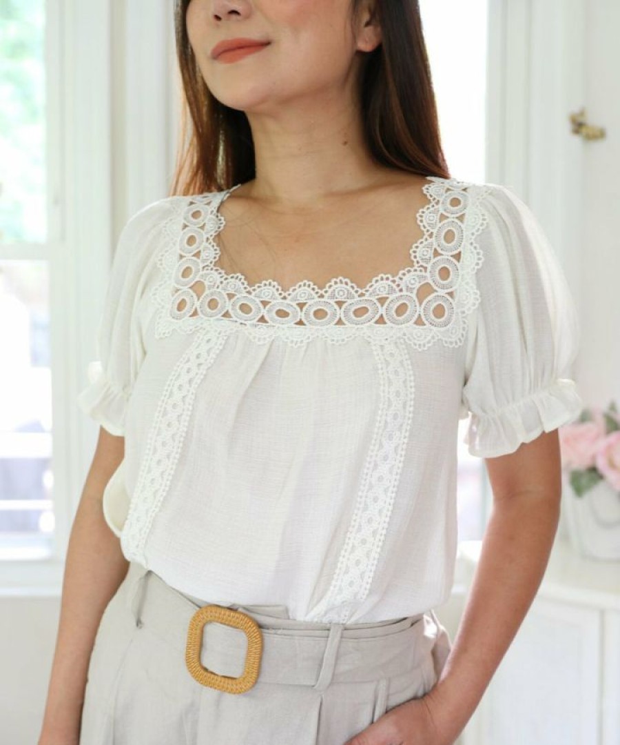 Tops & Sweaters * | Blu Pepper Petite Scalloped Square Neck Short Sleeve Top (Ivory) New Arrivals