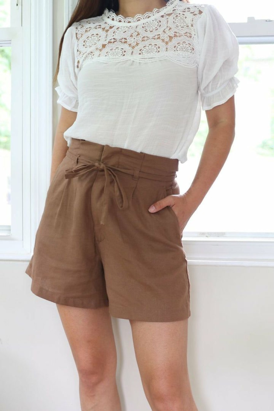 Skirts& Shorts * | 2Ne1 Apparel Petite Solid Color Print Casual Linen Shorts (Cocoa) New Arrivals