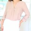 Tops & Sweaters * | Mine And E&M Petite Roll Up Sleeve V-Neck Top (Light Mocha)