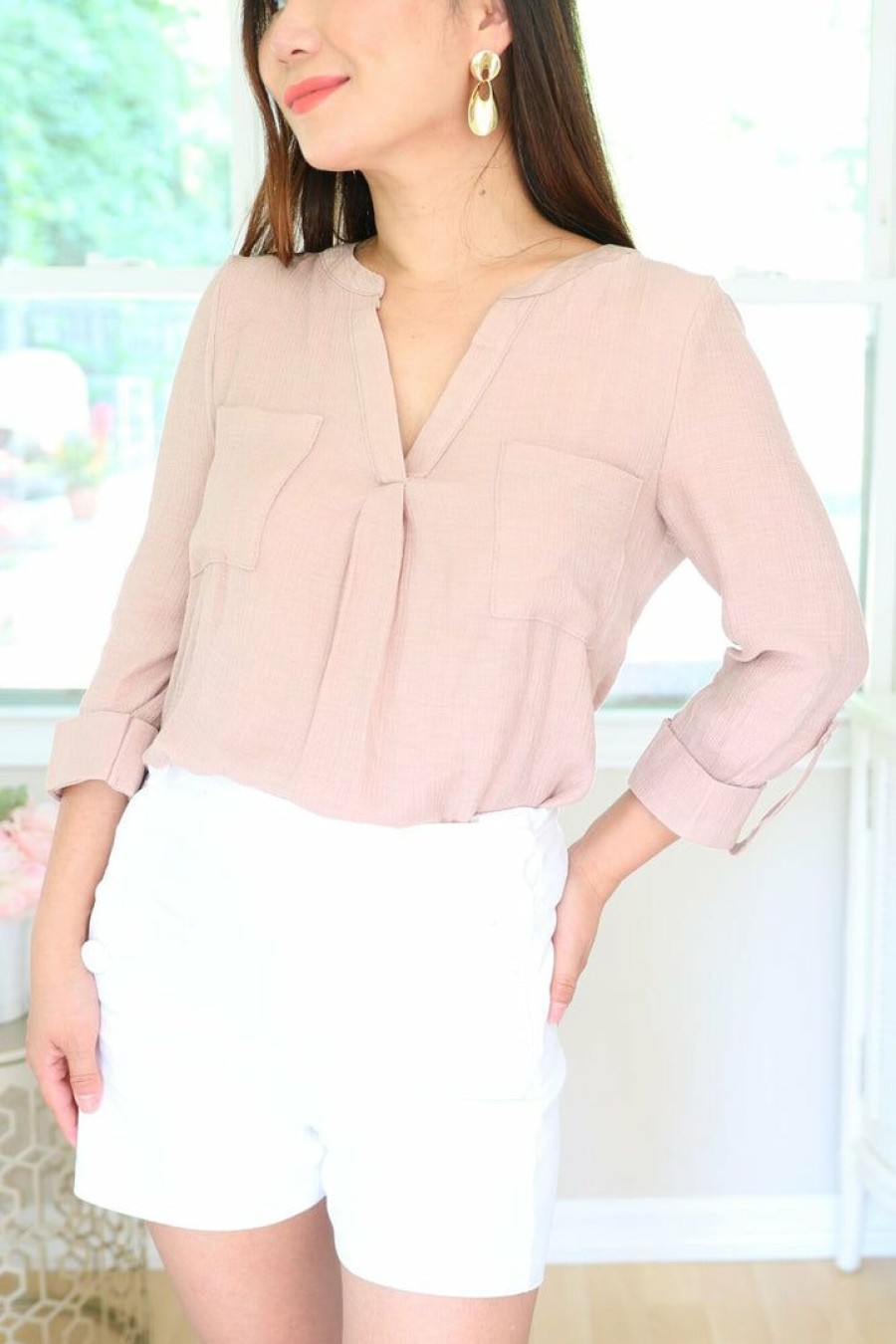 Tops & Sweaters * | Mine And E&M Petite Roll Up Sleeve V-Neck Top (Light Mocha)