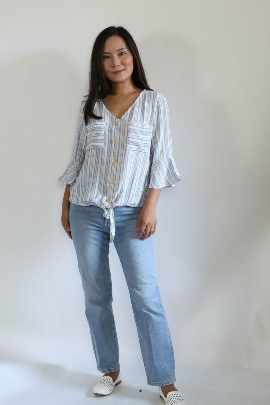 Tops & Sweaters * | Solution Cotton Button Down Waist Tie Top (Blue)