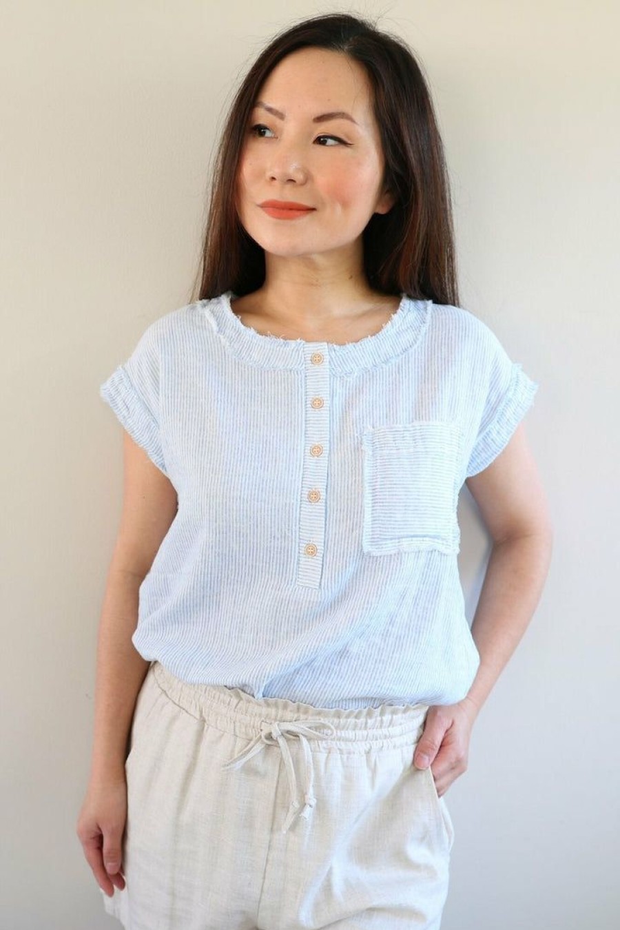 Tops & Sweaters * | Hem & Thread Petite Pin Stripe Henley Woven Top Tops & Sweaters