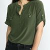 Tops & Sweaters * | Perseption Petite Short Sleeve Utility Top (Olive) Tops & Sweaters