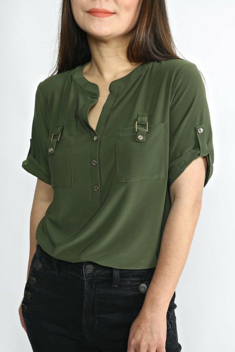 Tops & Sweaters * | Perseption Petite Short Sleeve Utility Top (Olive) Tops & Sweaters