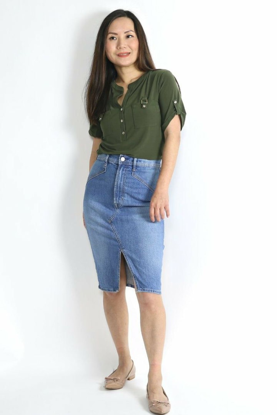 Tops & Sweaters * | Perseption Petite Short Sleeve Utility Top (Olive) Tops & Sweaters