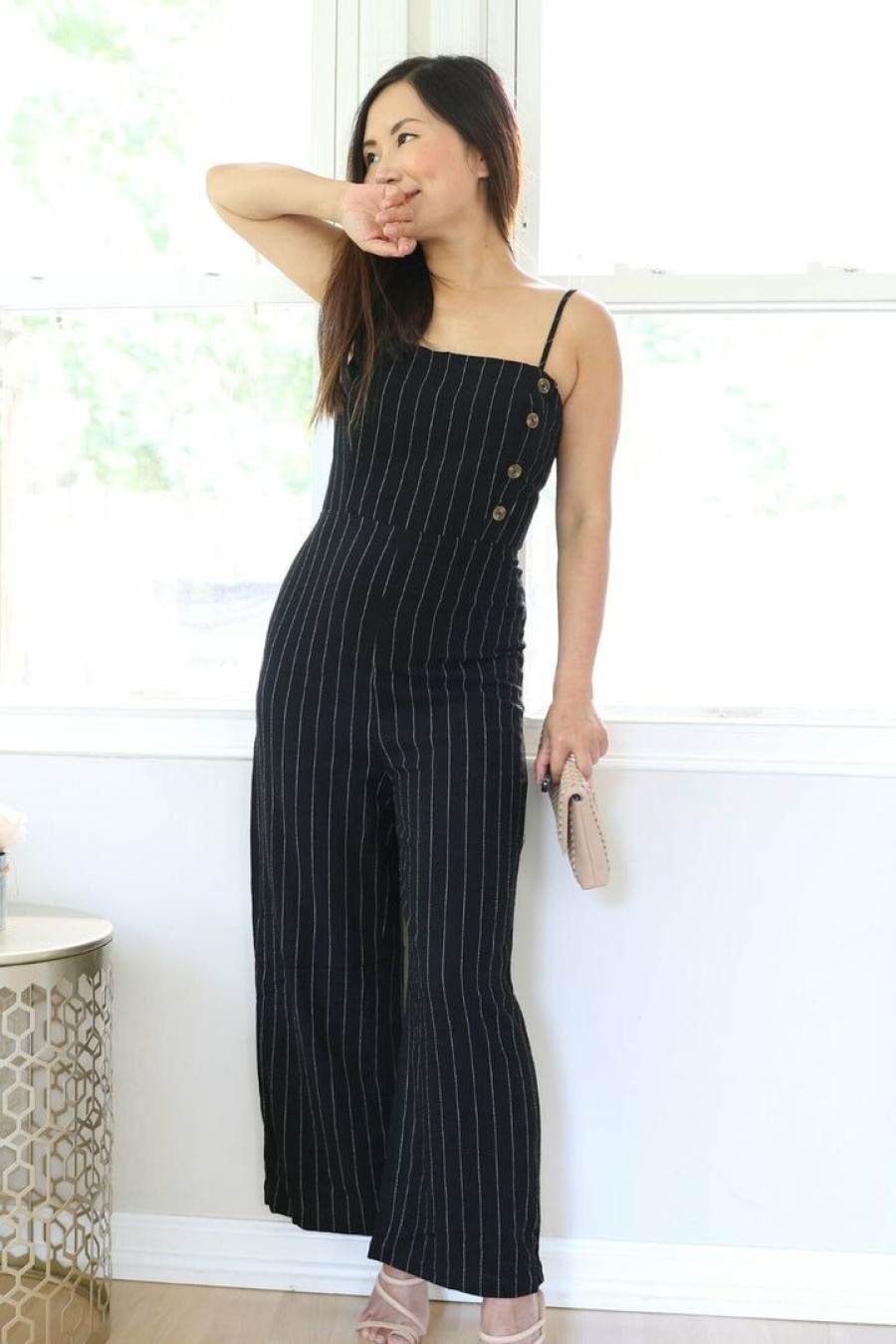 Jumpsuits & Rompers * | Thread Fix Petite Black Stripe Side Button Linen Blend Wide Leg Jumpsuit New Arrivals