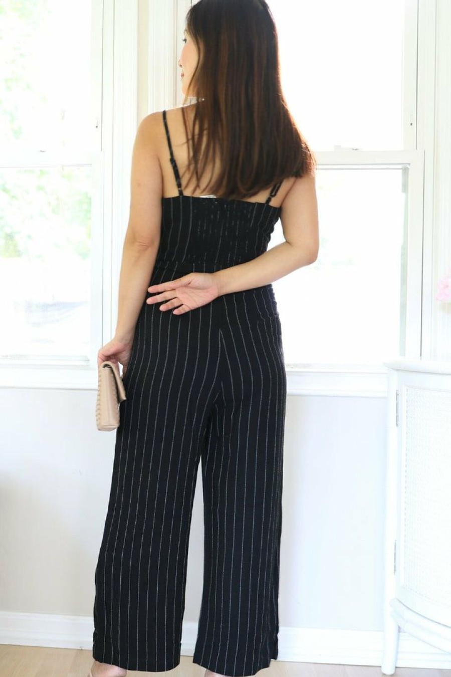 Jumpsuits & Rompers * | Thread Fix Petite Black Stripe Side Button Linen Blend Wide Leg Jumpsuit New Arrivals