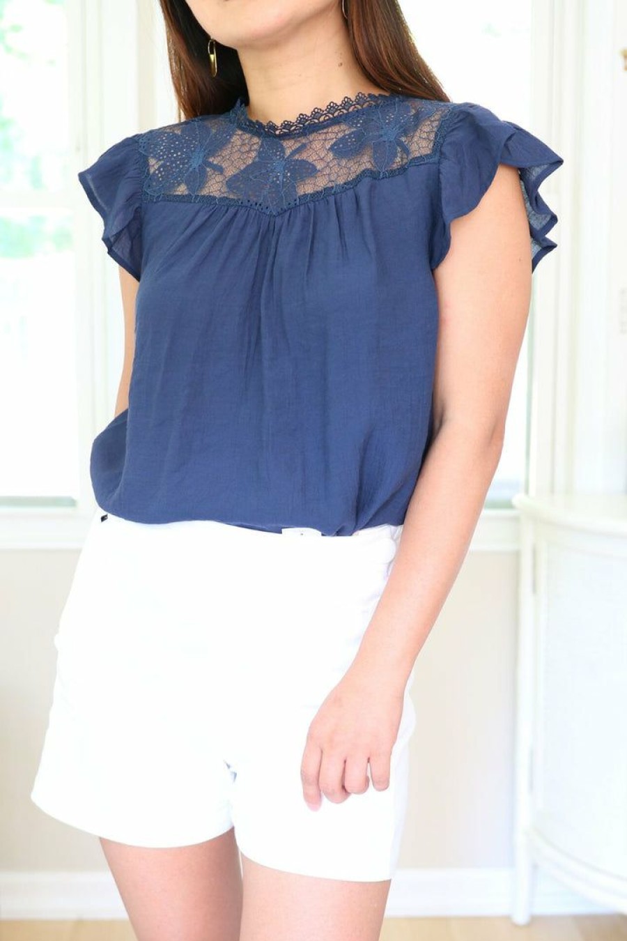 Tops & Sweaters * | Mine And E&M Petite Laced Back Tie Top (Navy) New Arrivals