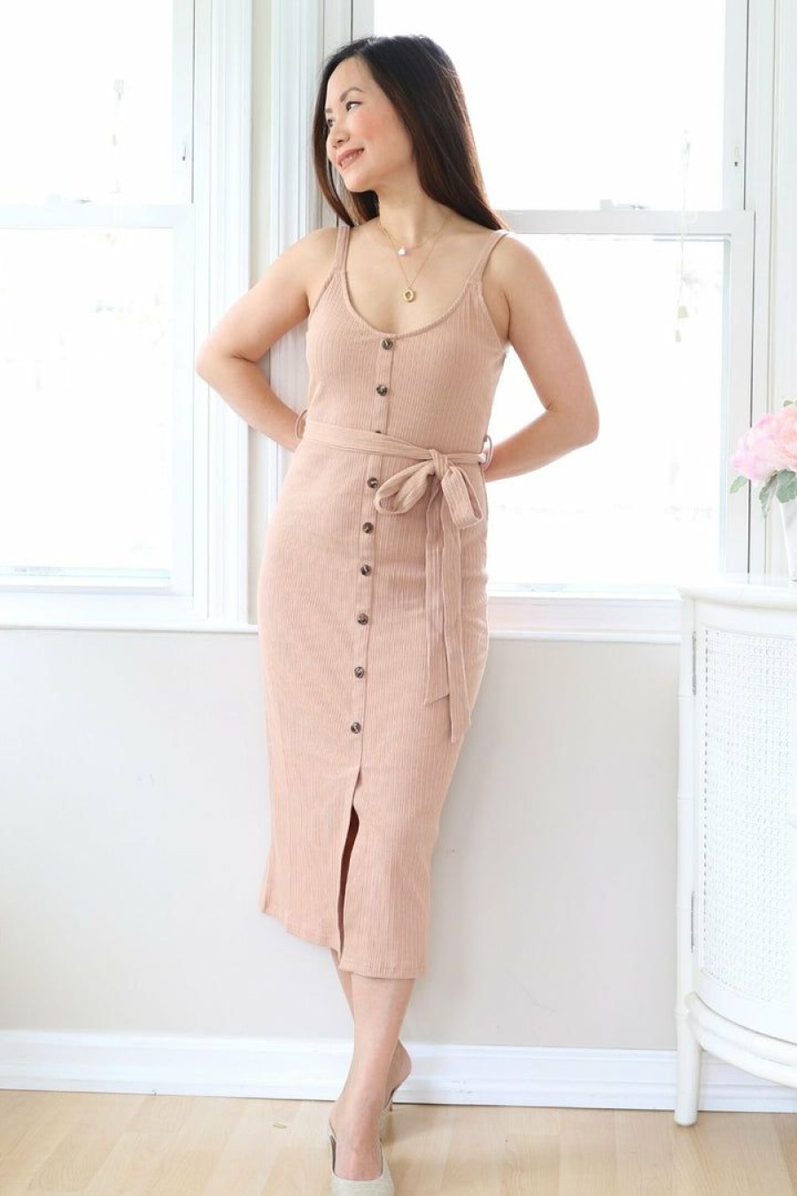 Dresses * | Allie Rose Petite Strappy Button Front Midi Dress New Arrivals