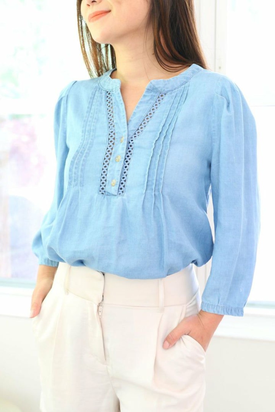 Tops & Sweaters * | Mine And E&M Tops & Sweaters Petite Chambray Top