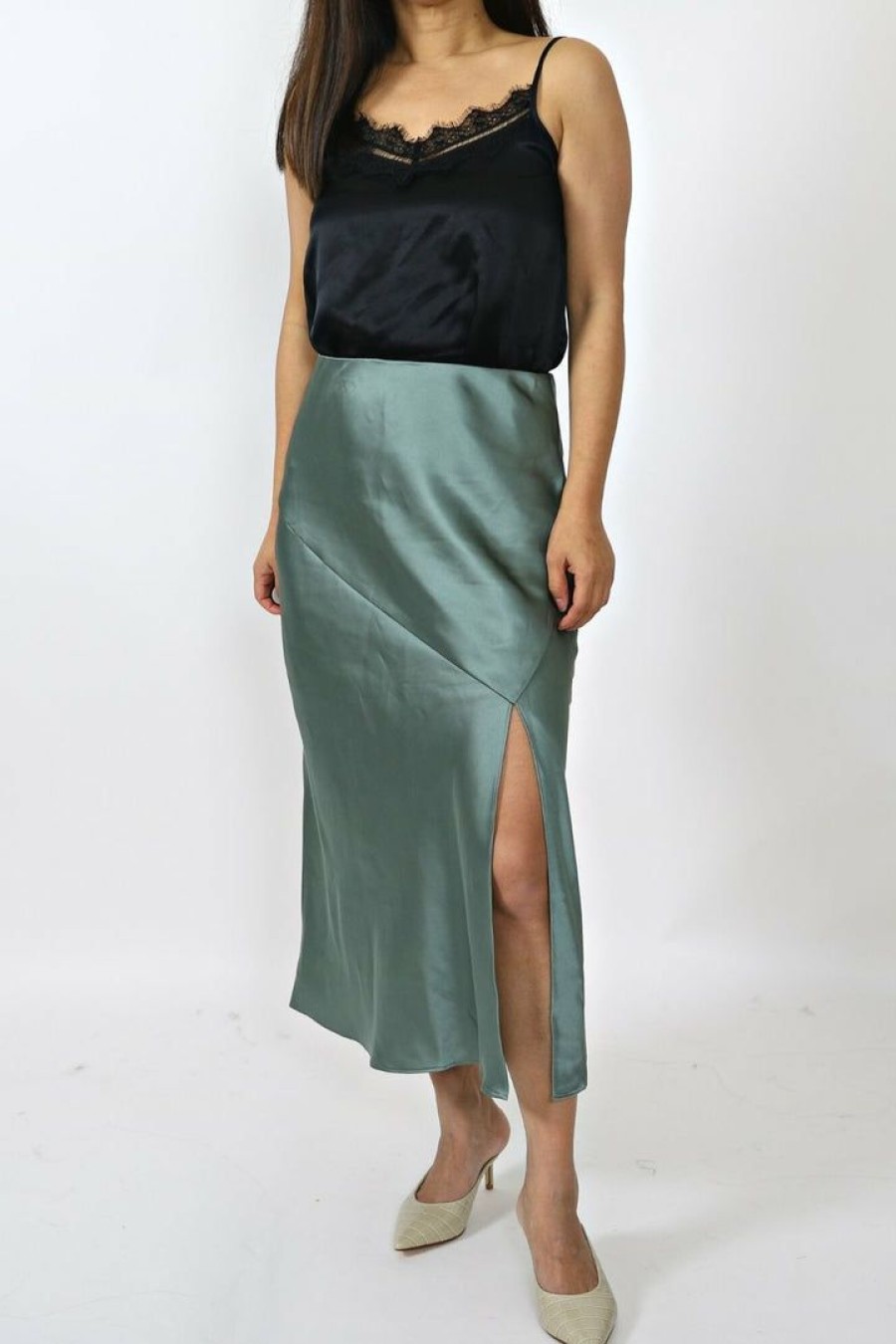 Skirts& Shorts * | Aaron & Amber Petite Satin Midi Skirt With Side Slit (Lt Olive)