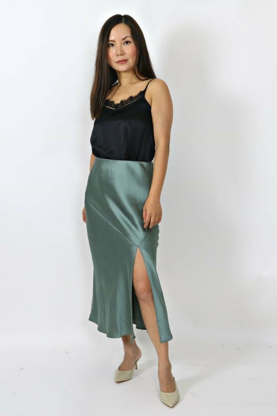 Skirts& Shorts * | Aaron & Amber Petite Satin Midi Skirt With Side Slit (Lt Olive)