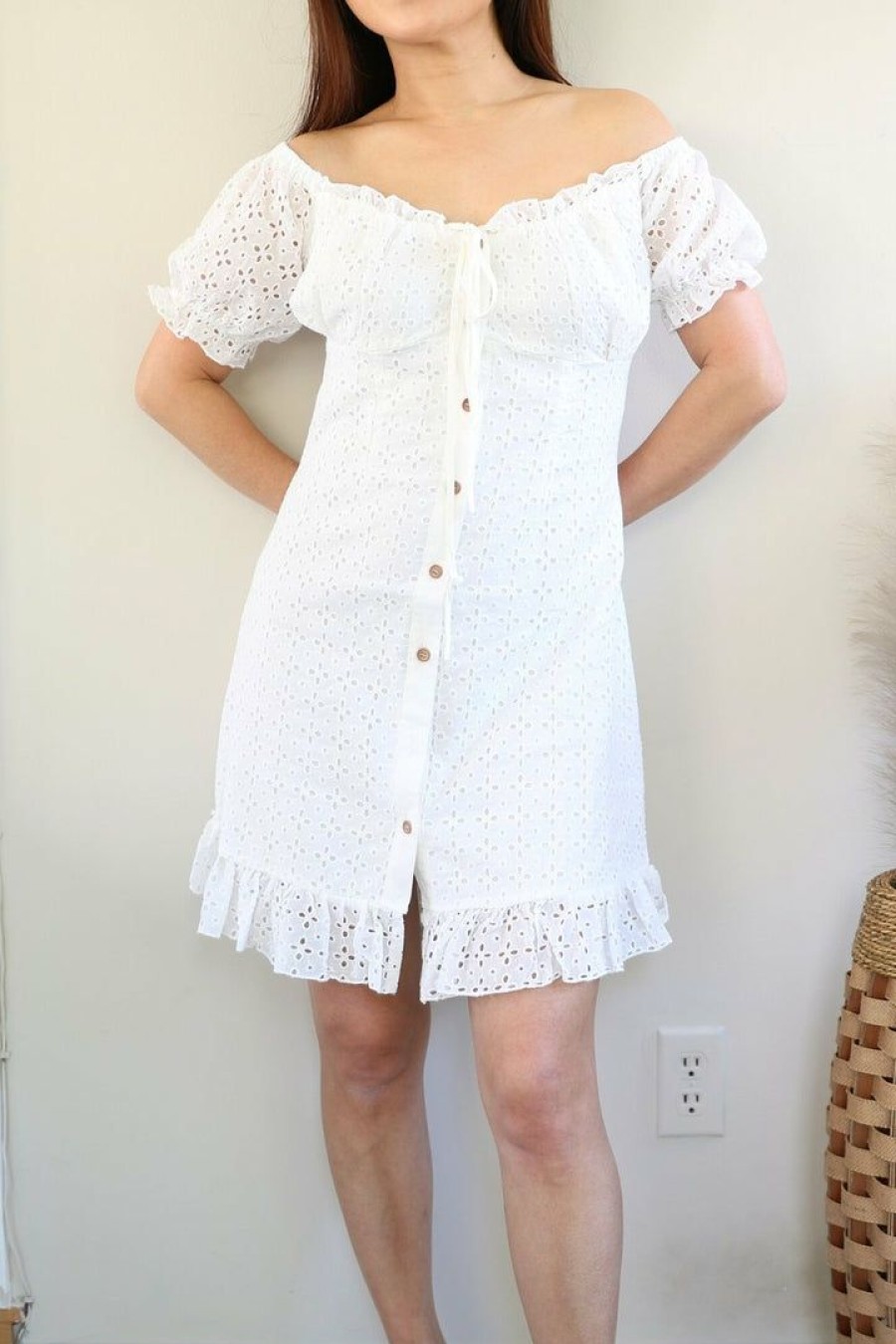 Dresses * | Allie Rose New Arrivals Petite Off The Shoulder White Eyelet Crochet Dress