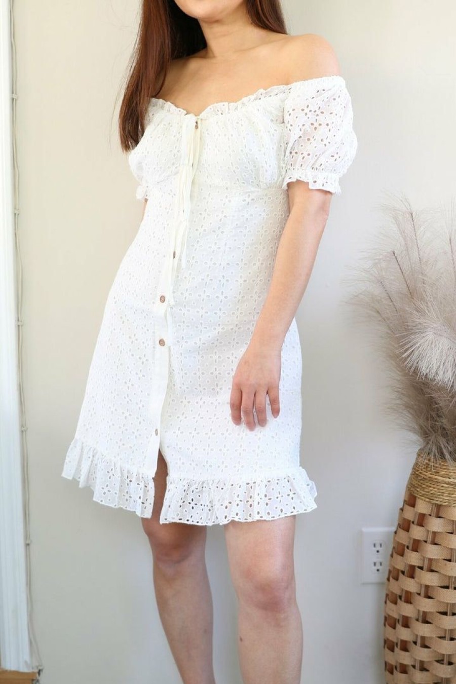 Dresses * | Allie Rose New Arrivals Petite Off The Shoulder White Eyelet Crochet Dress