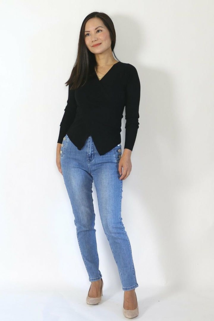 Tops & Sweaters * | Q2 Petite Ribbed Faux Wrap Sweater (Black)