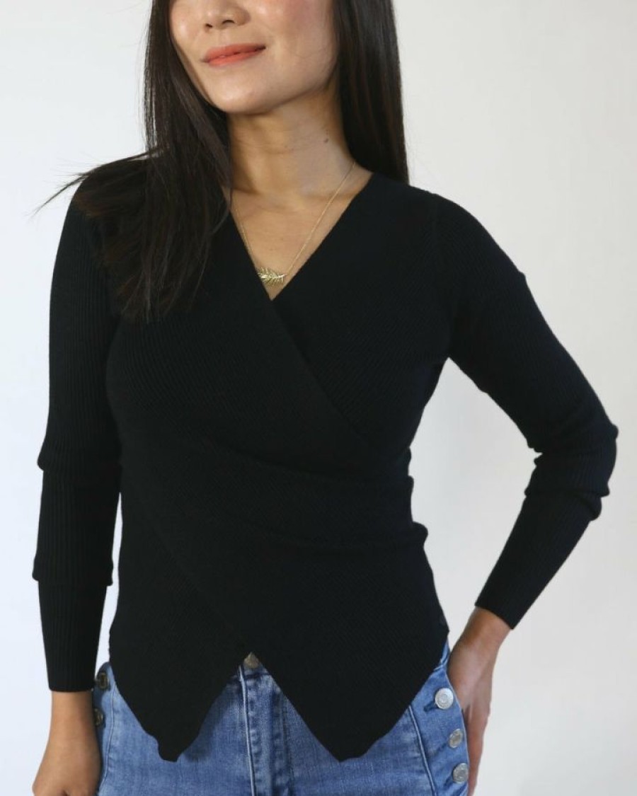 Tops & Sweaters * | Q2 Petite Ribbed Faux Wrap Sweater (Black)