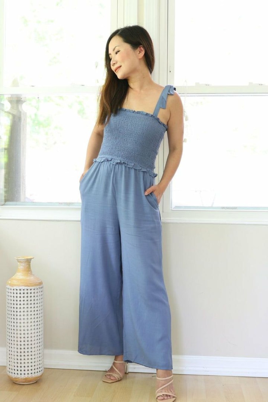 Jumpsuits & Rompers * | Ee:Some Petite Smocked Babydoll Jumpsuit (Denim) New Arrivals