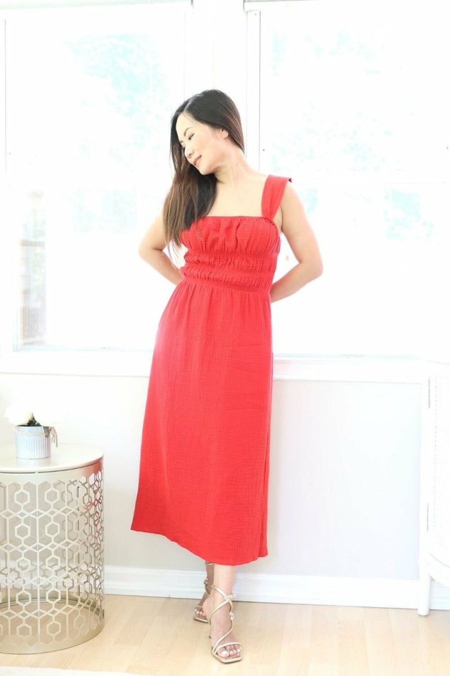 Dresses * | Lush New Arrivals Petite Elasticized Cotton Midi Dress (Chili)