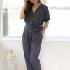 Jumpsuits & Rompers * | In Loom New Arrivals Petite Short Sleeve Tie Waist Jumpsuit (Slate Charcoal)