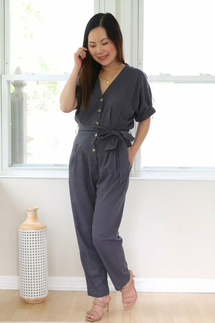 Jumpsuits & Rompers * | In Loom New Arrivals Petite Short Sleeve Tie Waist Jumpsuit (Slate Charcoal)