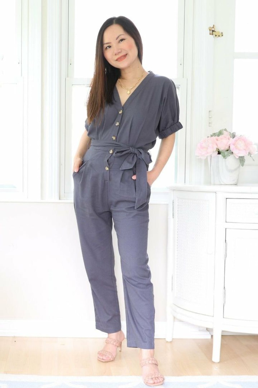 Jumpsuits & Rompers * | In Loom New Arrivals Petite Short Sleeve Tie Waist Jumpsuit (Slate Charcoal)