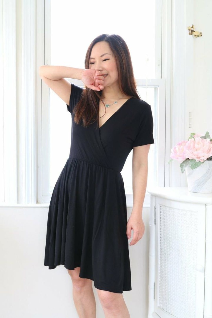 Dresses * | Beesonriver Petite Black Short Sleeve Wrap Dress