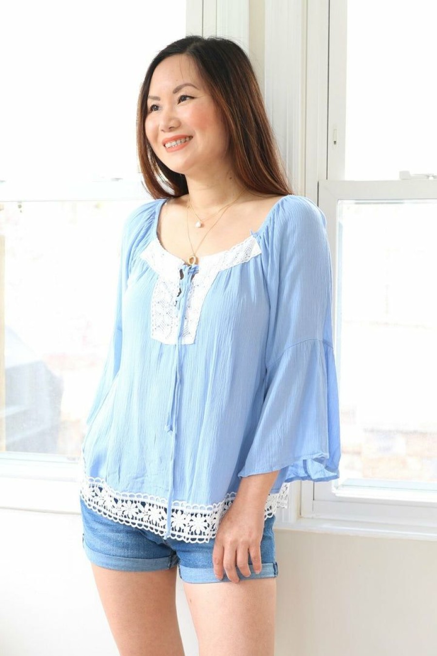 Tops & Sweaters * | Thread Fix New Arrivals Petite Crochet Hem Peasant Blouse (Blue)