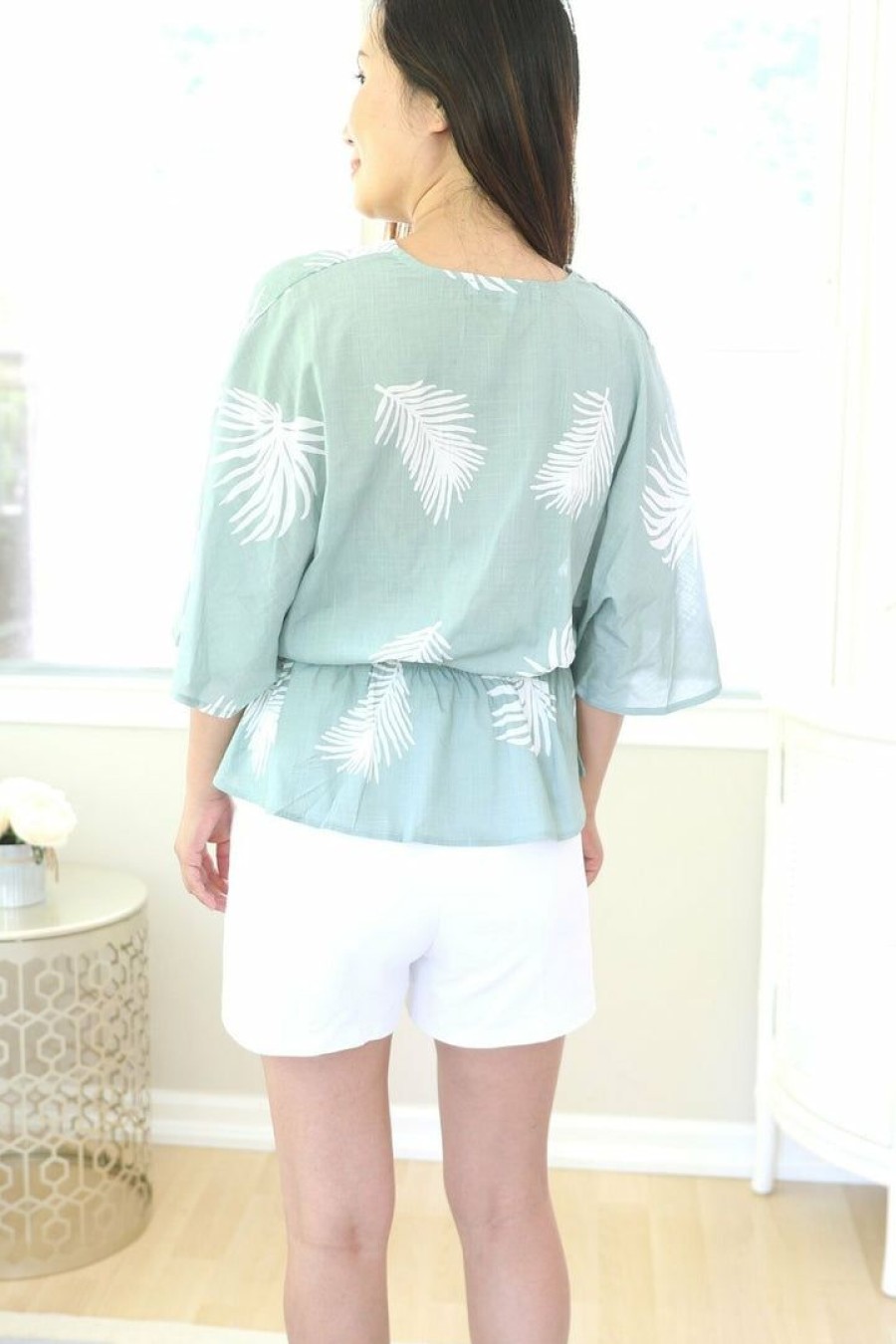 Tops & Sweaters * | Sweet Rain Petite Kimono Sleeve Tropical Print Top (Green) New Arrivals